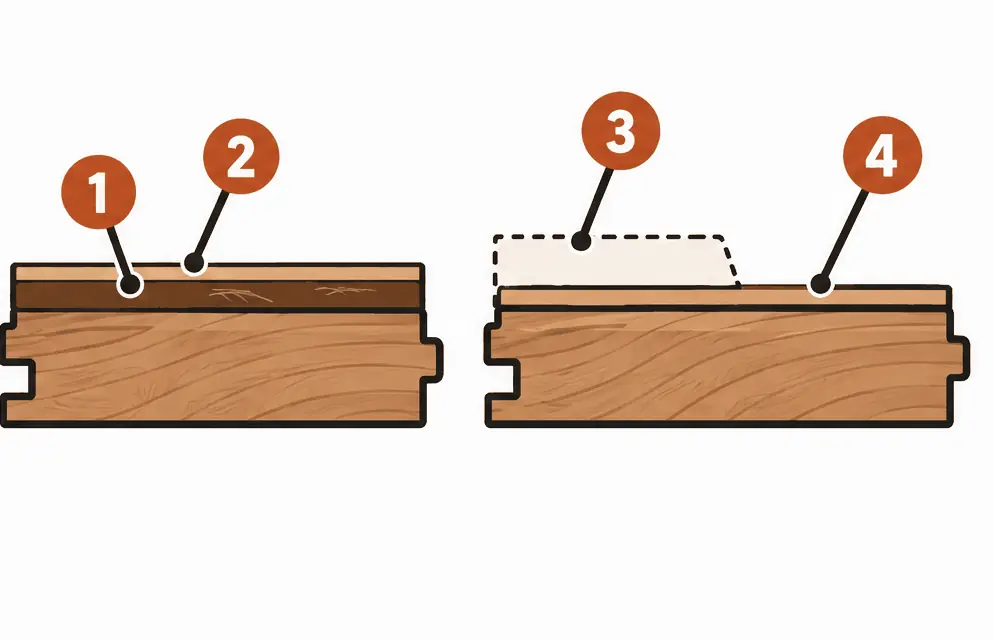 Diagram: two side sections of the same floorboard; on the left the old finish is scuffed and a new coat added on top, on the right the board is sanded below the old finish and coated again