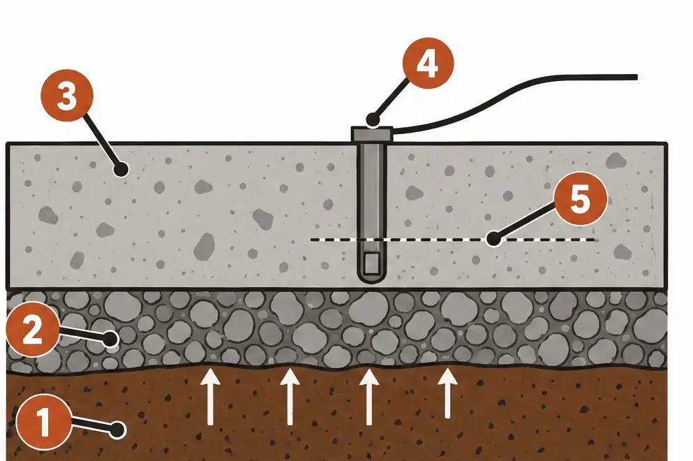 Diagram: cross-section of a concrete slab over gravel and soil, with a capped drilled hole holding a sensor partway down the slab and arrows showing vapor rising from the ground