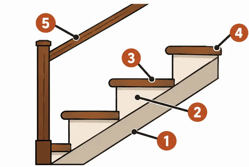Diagram: side section of three steps with a sloped stringer, a vertical riser, a horizontal tread, a rounded nosing projecting past the riser, and a handrail post and rail