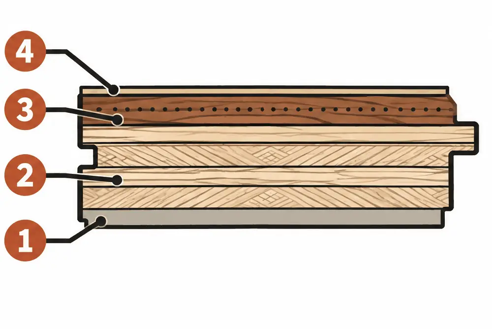 Diagram: cross-section of an engineered plank showing a thick wear layer of white oak over a plywood core and a balancing backer layer