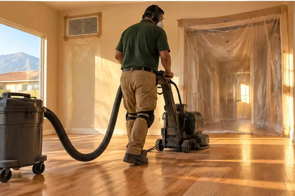 Illustration: a bright Fontana, CA family room prepared for sanding with plastic sheeting over a wide doorway, a vent covered with tape and a sander connected to a hose on a bare oak floor