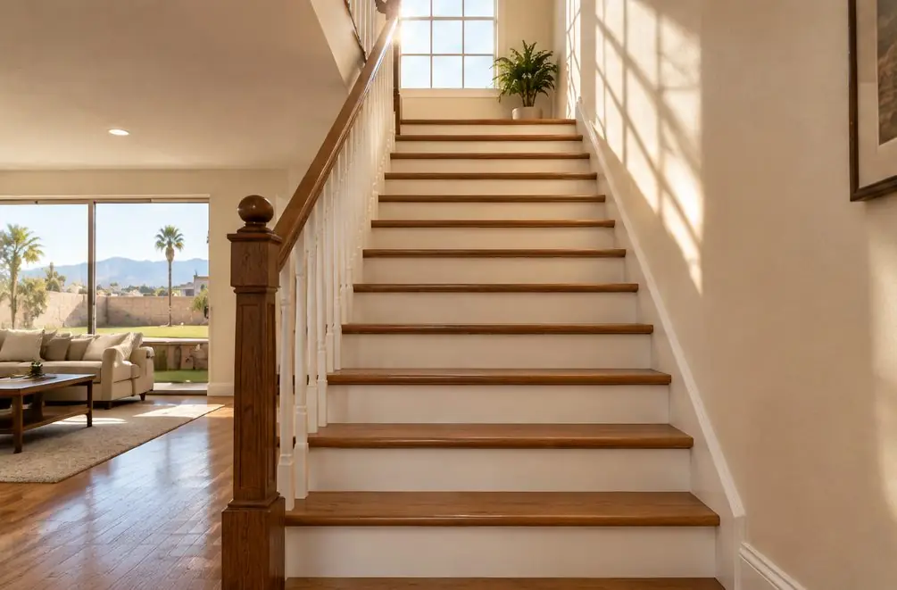 Illustration: a straight oak staircase with white risers and a wood handrail in a Fontana, CA hillside home, afternoon sun from a tall window above the landing