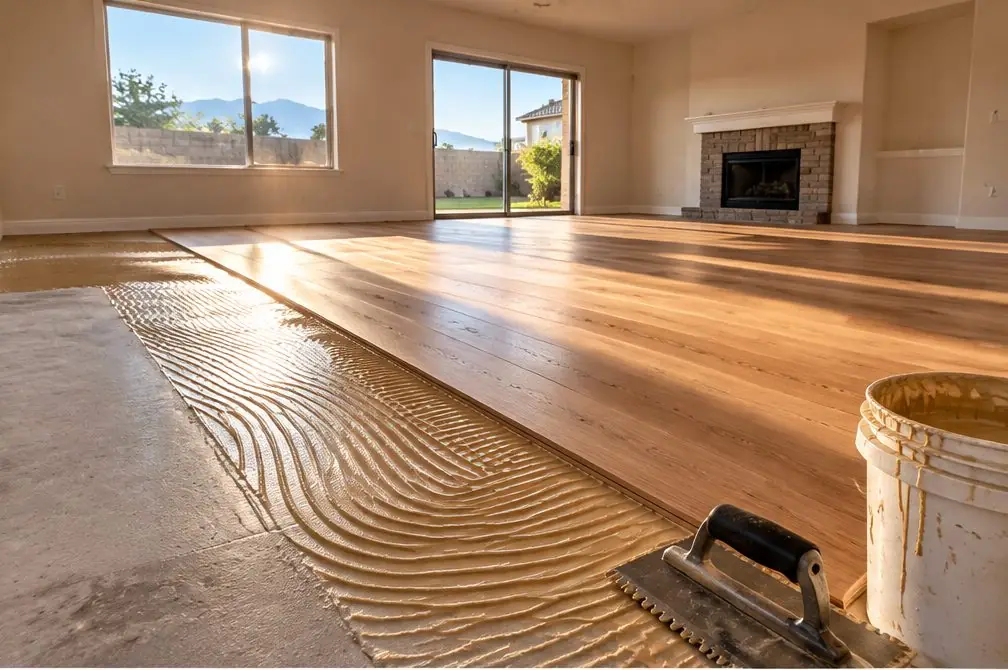 Illustration: a Summit Heights, Fontana living and dining area with a wide-plank engineered oak floor, an island kitchen and a sliding glass door to a back patio