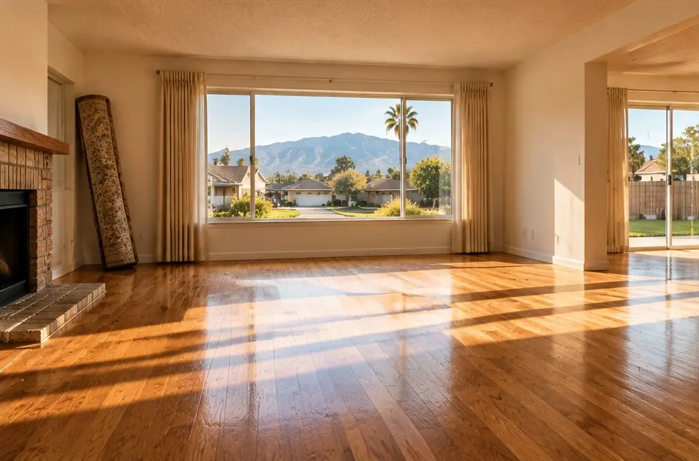 Illustration: a refinished warm-toned oak strip floor in a postwar Fontana, CA living room with a picture window, a rug rolled against one wall and sunlight across the boards