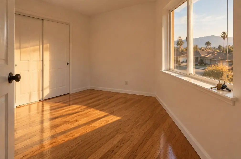 Illustration: an empty two-bedroom rental in Fontana, CA with a fresh oak floor, bare white walls and an open front door onto a shaded walkway