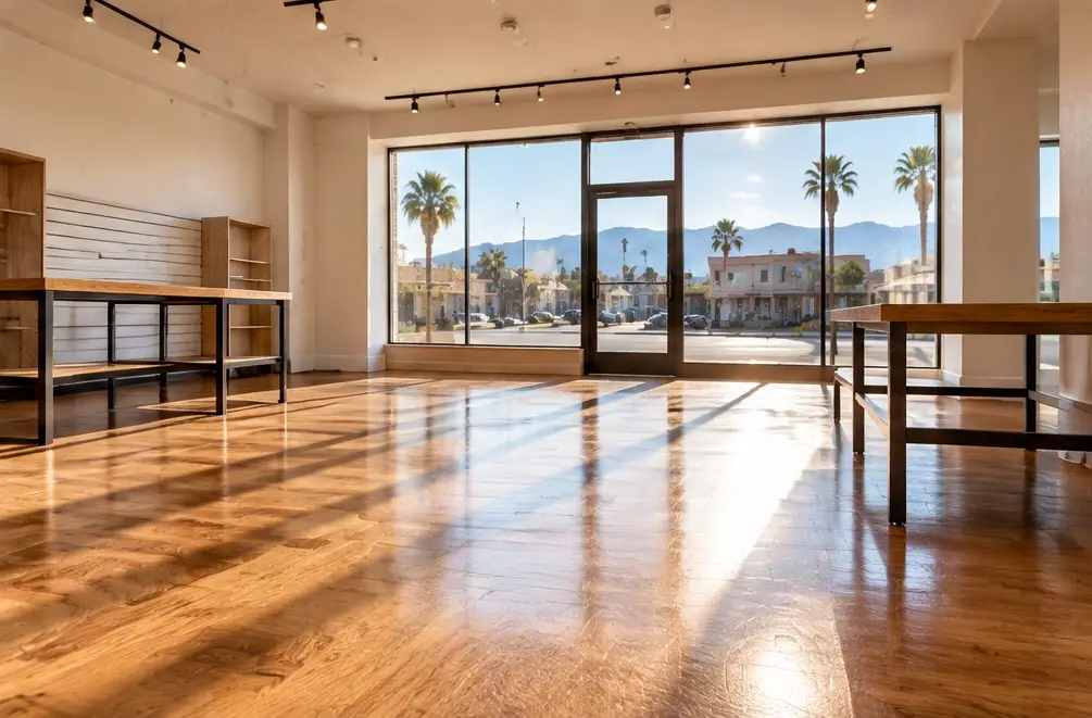 Illustration: a shop on Foothill Boulevard in Fontana, CA with an oak sales floor, shelving pushed to one side and half of the room covered in plastic during an after-hours recoat
