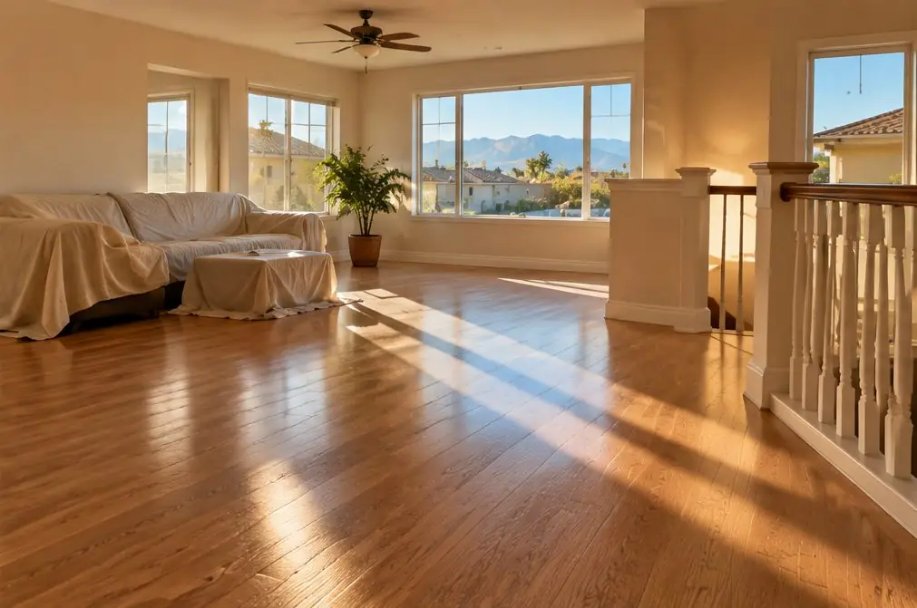Illustration: a Fontana, CA townhome living room with a satin-finished oak floor, a gray sofa moved against one wall and a floor buffer with a screen pad parked by the stairs