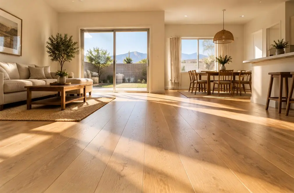 Illustration: a great room with a finished light oak plank floor running into a dining area