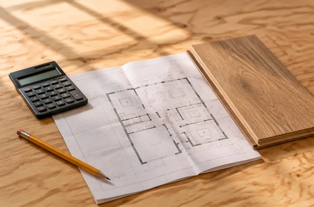 Illustration: a calculator, a pencil and a folded floor plan lying on bare plywood next to a sample plank