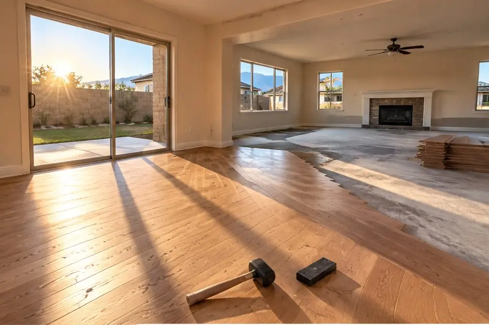 Illustration: a bright two-story tract house in Fontana, CA with a freshly laid medium-oak floor running from the entry into the living room, a staircase behind and afternoon sun on the boards