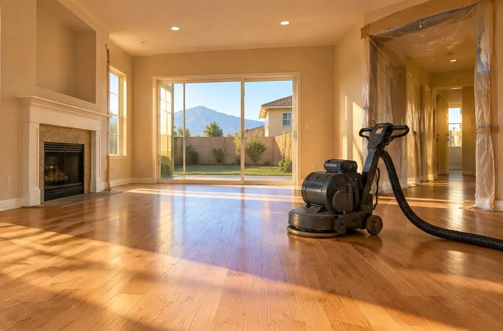 Illustration: a honey-toned oak floor refinished in a sunlit Fontana, CA living room, a south-facing window with a pale curtain and a slight change in tone near the glass