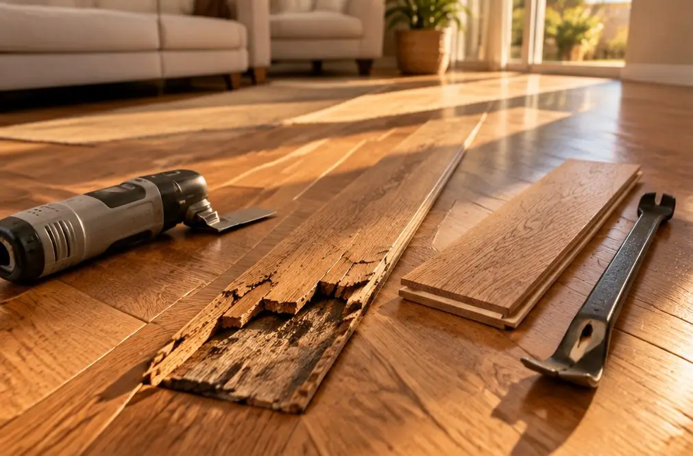 Illustration: a hallway in a Fontana, CA house where three new oak boards are being fitted into an existing floor, a pull bar and a tape measure beside a neat opening