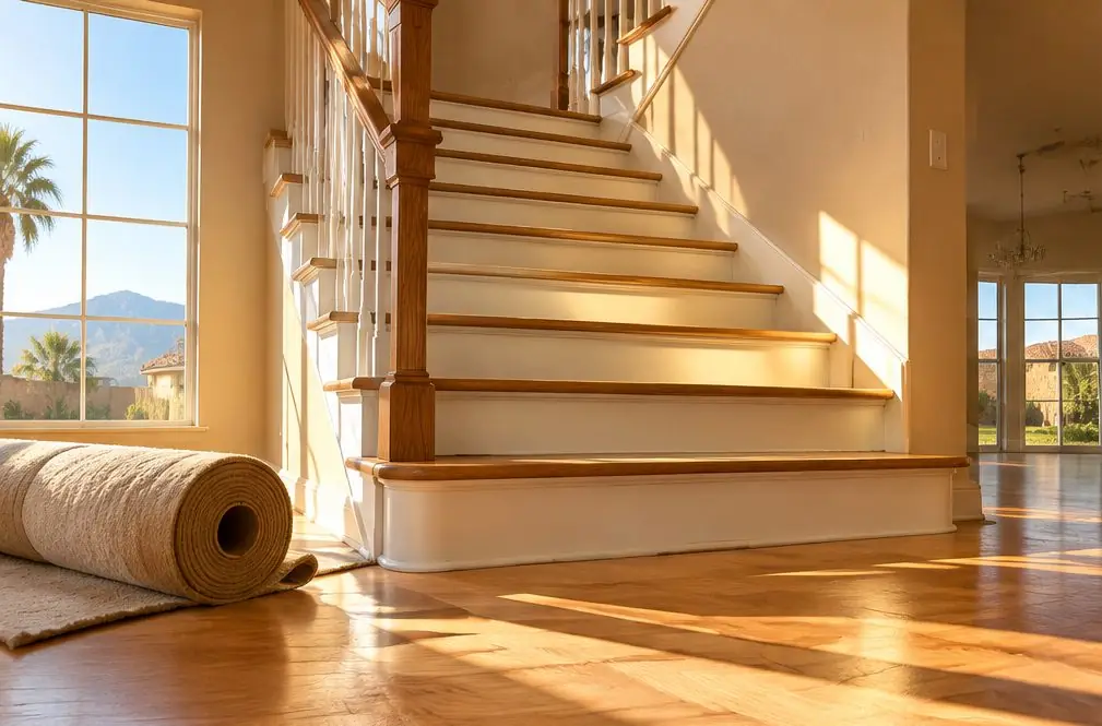 Illustration: a straight carpet-free staircase in a Fontana, CA two-story house with oak treads, white risers and a dark handrail, the landing floor continuing in the same oak