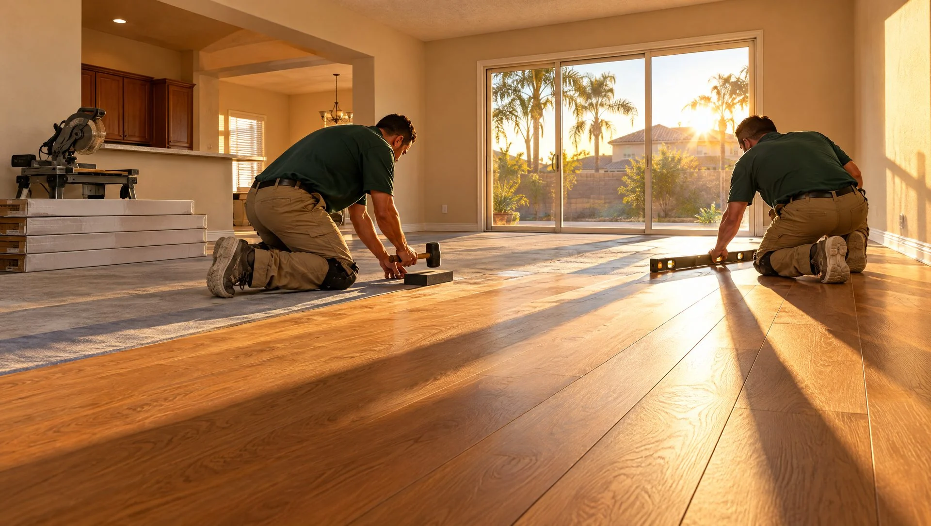 Illustration: two flooring crew members in matching uniforms in a bright open living room of a Fontana, CA house, one running a vacuum-connected sander over a hardwood floor while the other checks the surface, no brands (AI-generated)