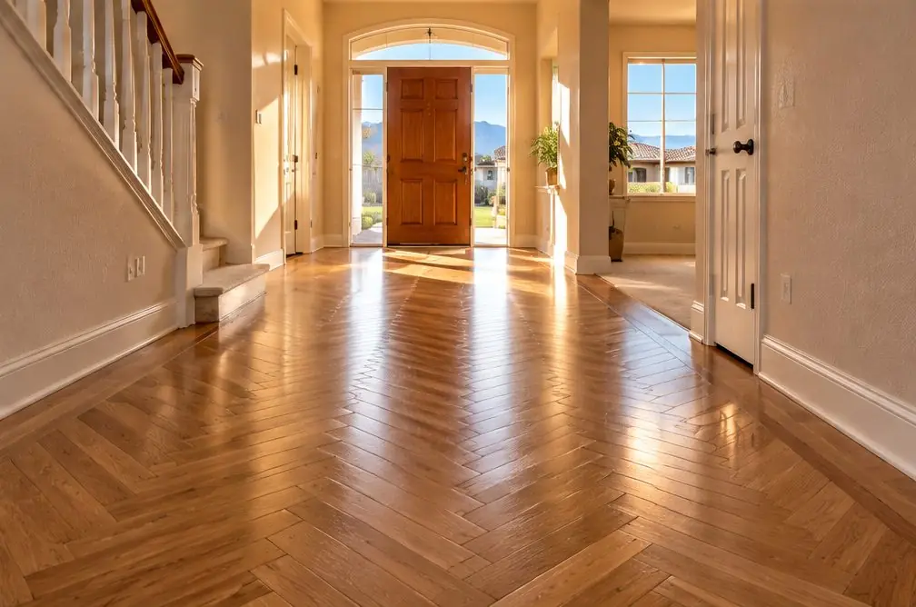 Illustration: the two-story entry of a newer Fontana, CA house with a herringbone floor in a warm brown, a console table by the door and the pattern leading toward the dining room
