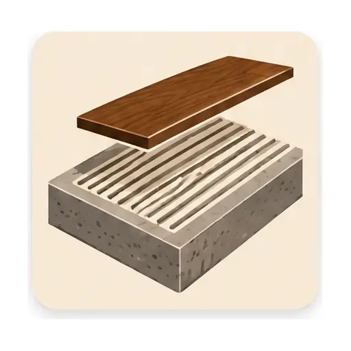 Schematic: Concrete slab, glue-down with a moisture barrier