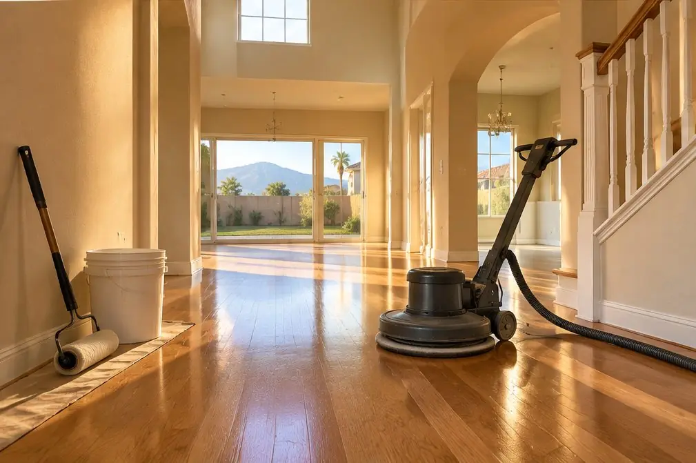 Illustration: a floor buffer with a screen pad on a satin-finished oak floor in a Fontana, CA house, furniture pushed to one side and a sunny window with a pale curtain