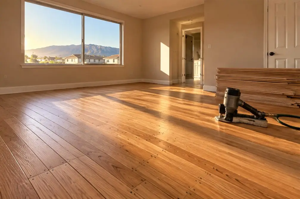 Illustration: an upstairs hallway and bedroom in a Fontana, CA two-story house with a solid red oak floor, a ceiling fan and morning light coming through a window