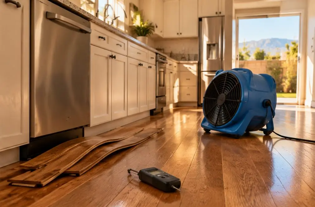 Illustration: a kitchen floor in a Fontana, CA house with cupped oak boards by a dishwasher, a small fan, a moisture meter on the boards and towels set to the side